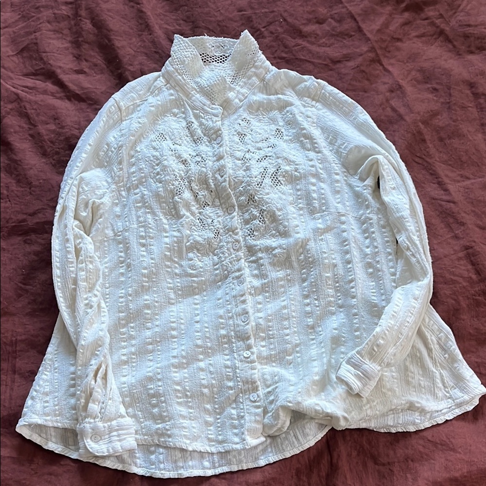 Free People White Lace Button-Up Blouse